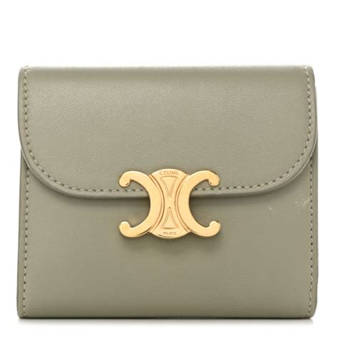 CELINE Shiny Calfskin Triomphe Compact Wallet Green Clay .